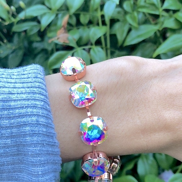 Aurora Borealis Cushion Cut Rose Gold Crystal Tennis Bracelet - Picture 7 of 7